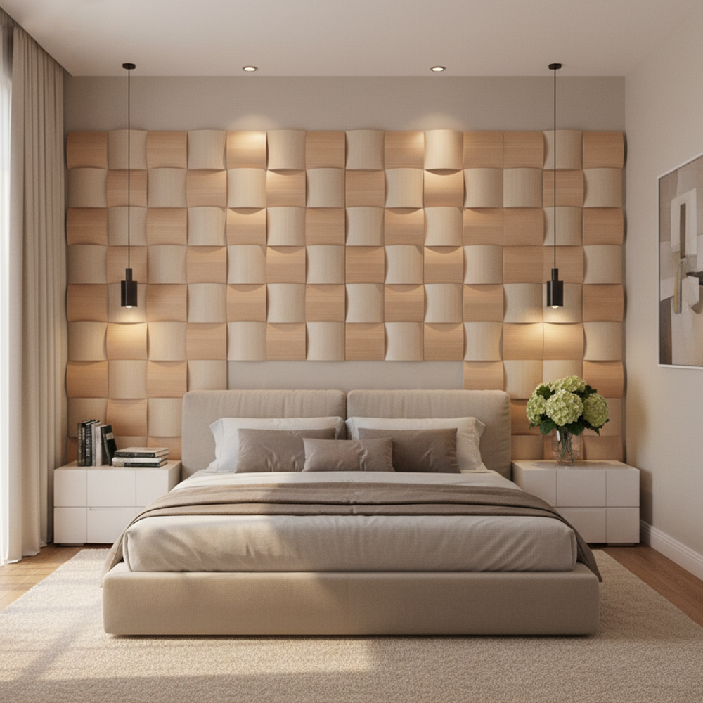 Custom Grid & Semicircle Patterned Acoustic Wood Wall Panels